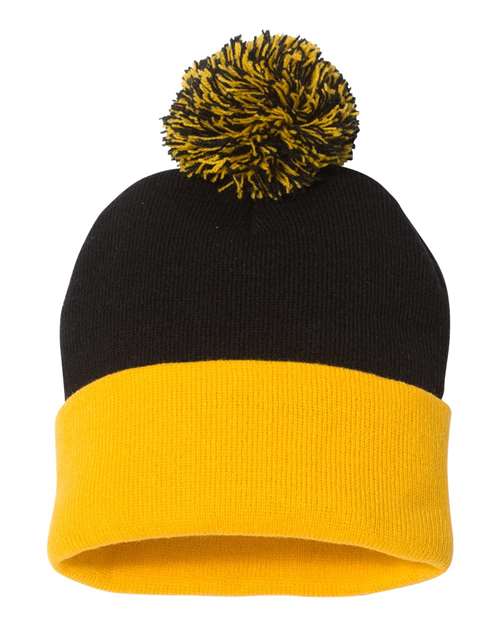 Black and Gold Beanie with Pom-Pom